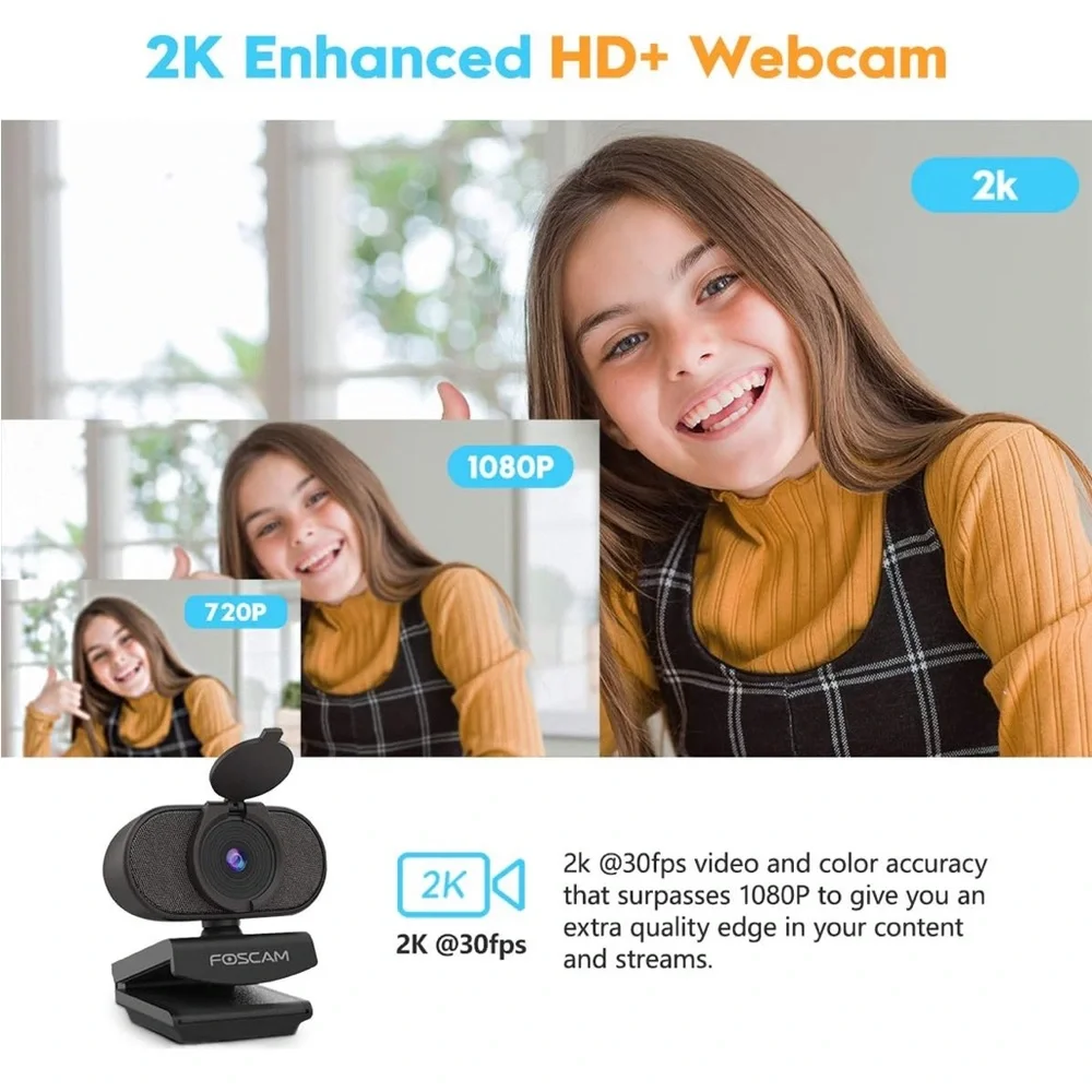 Foscam 2K 4MP Webcam with Dual Noise Reduction Microphones
